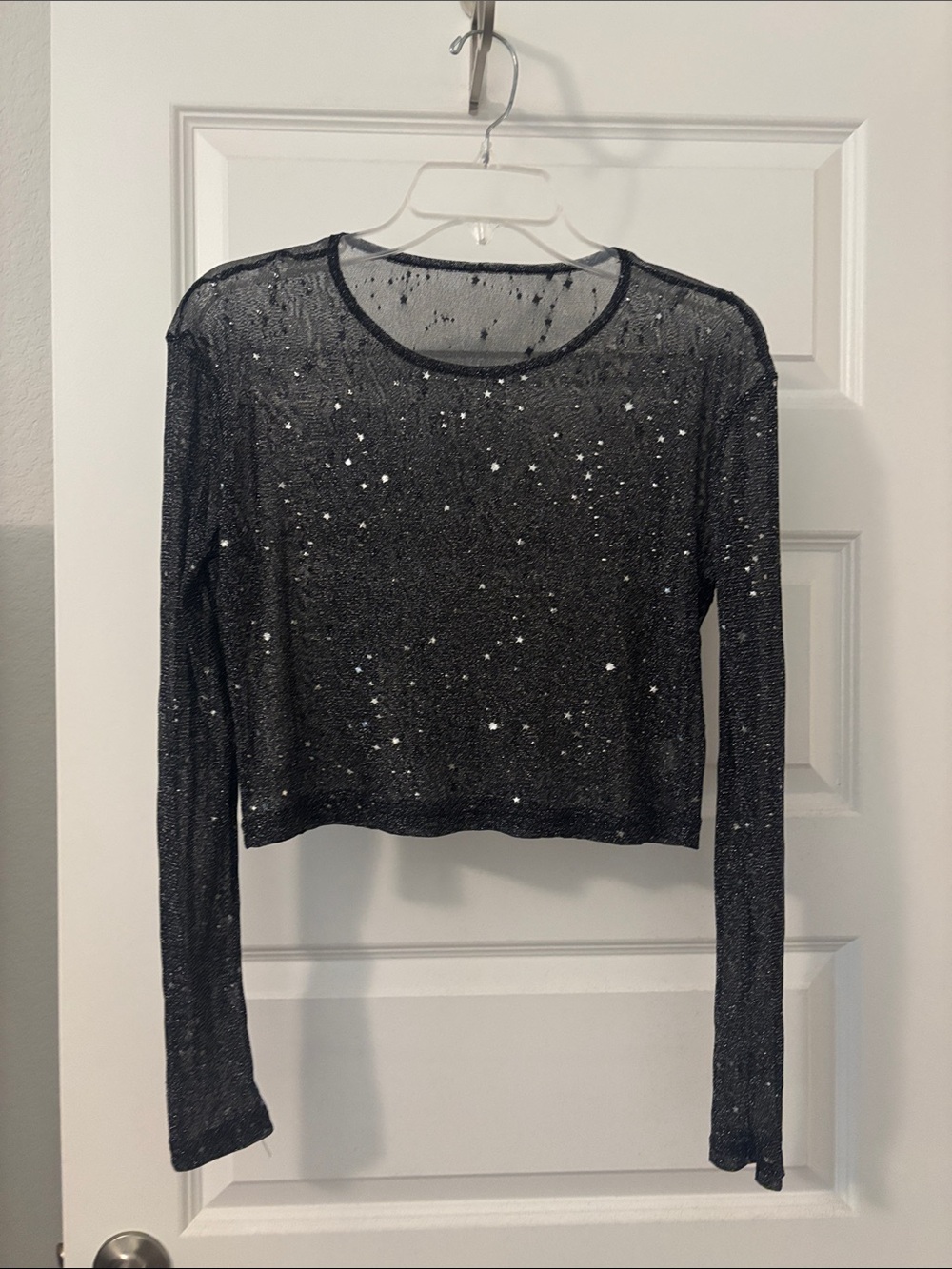 Mango Black Sheer Sequin Long-Sleeve Crop Top SZ XL night out top sparkly stars